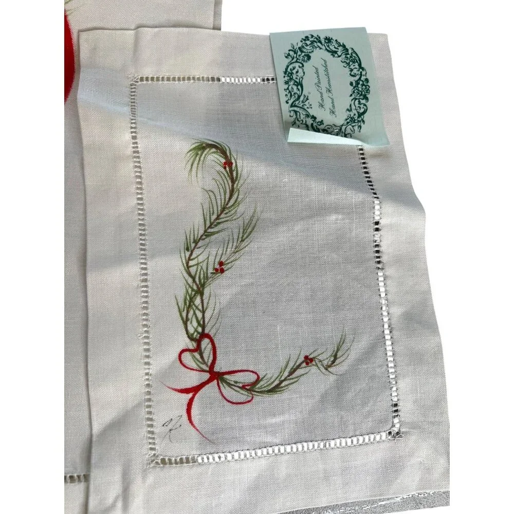 New Hand-Painted Holiday Linen Guest Towels With Hemstitch Design